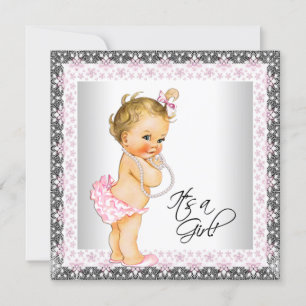 Pink Grey Pearl Vintage Baby Girl Shower Invitation