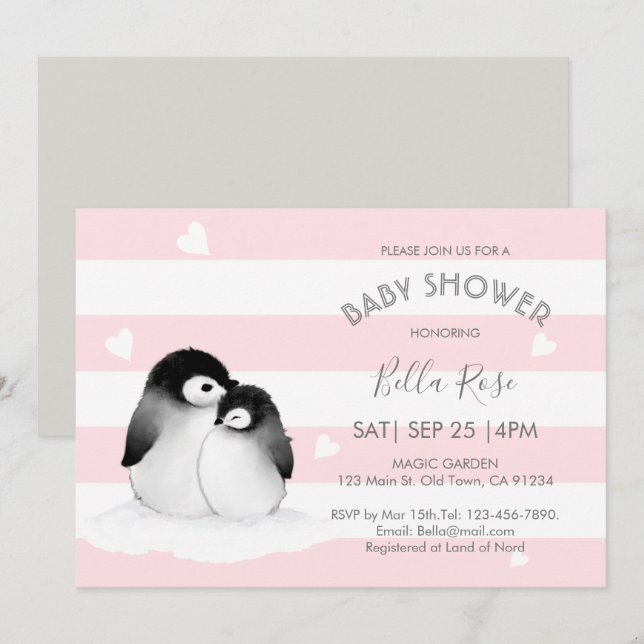 Pink Grey Penguin Baby Shower Invitations (Front/Back)
