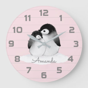 Pink Grey Penguin Nursery Decor Wall Clock