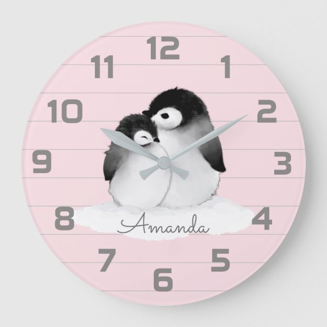 Pink Grey Penguin Nursery Decor Wall Clock (Front)