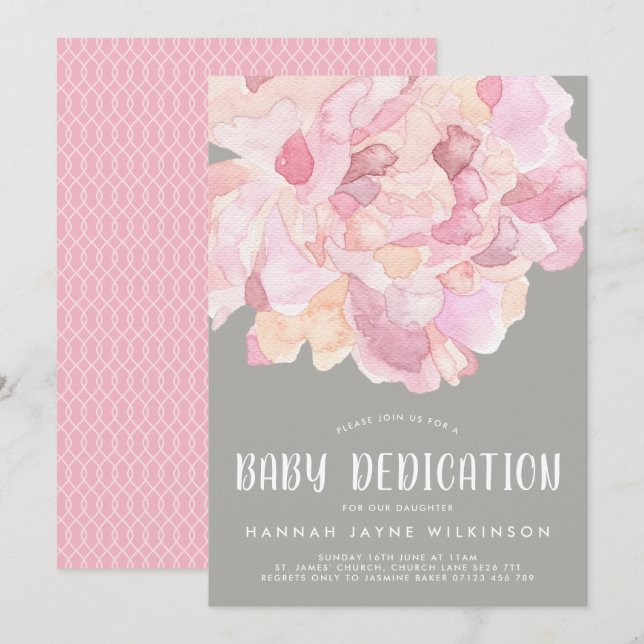 Pink & Grey Peony Watercolor Baby Dedication Invitation (Front/Back)