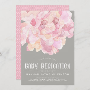 Pink & Grey Peony Watercolor Baby Dedication Invitation