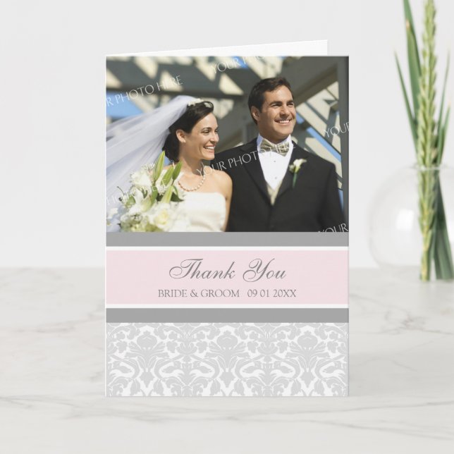 Pink Grey Photo Wedding Thank You Card (Front)