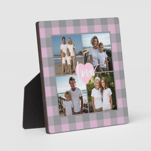 Pink grey plaid elegant Family 4 photo love heart Plaque (Front)