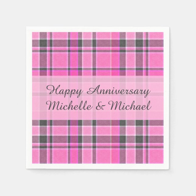 Pink Grey Plaid Tartan | Add Your Name Napkin (Front)