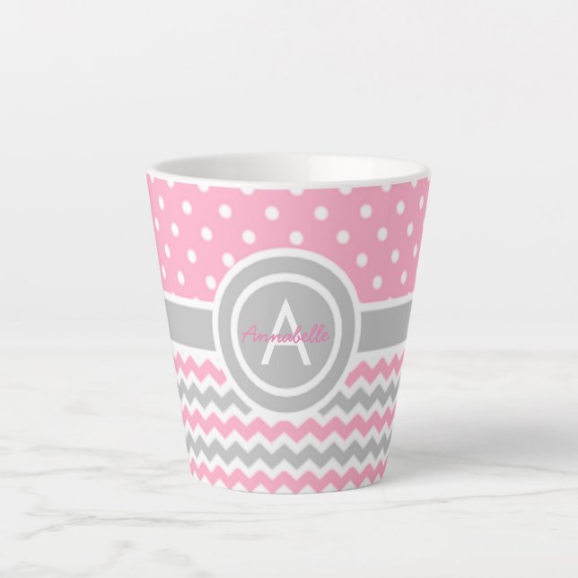 Pink Grey Polka Dot Chevron Latte Mug (Front)