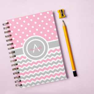 Pink Grey Polka Dot Chevron Notebook