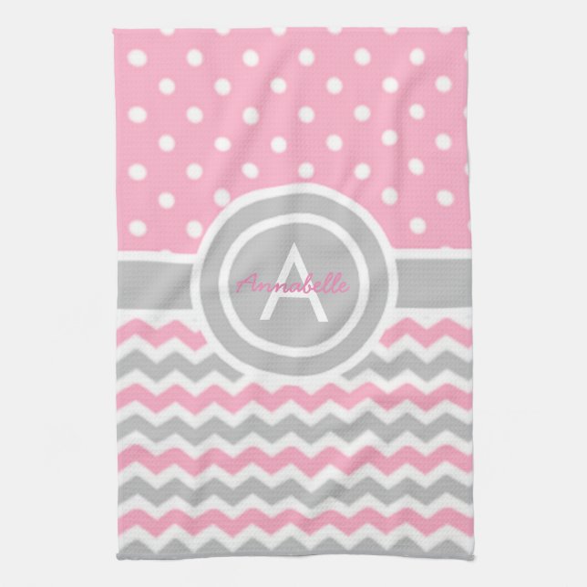 Pink Grey Polka Dot Chevron Tea Towel (Vertical)