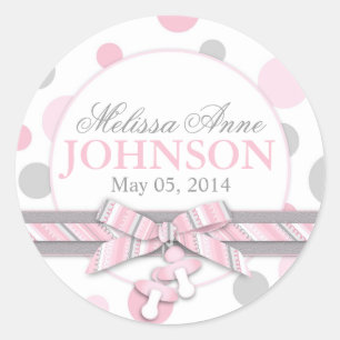 Pink & Grey Polka Dots Announcement Classic Round Sticker