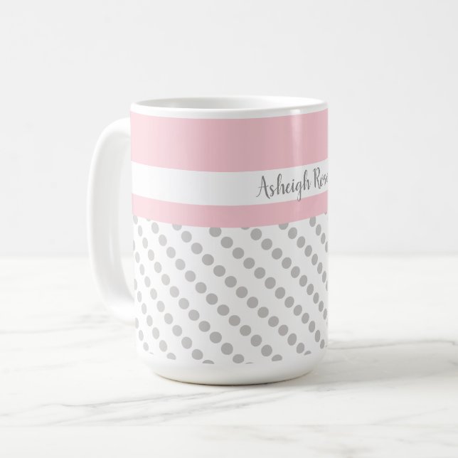 Pink & Grey, Polka Dots, Personalised Coffee Mug (Front Left)
