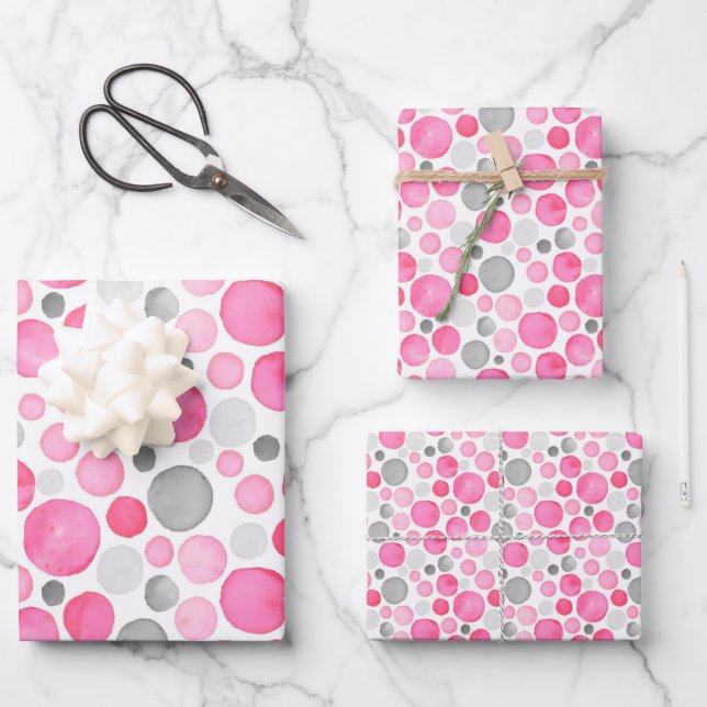Pink Grey Polka Dots Wrapping Paper Sheet (Front)