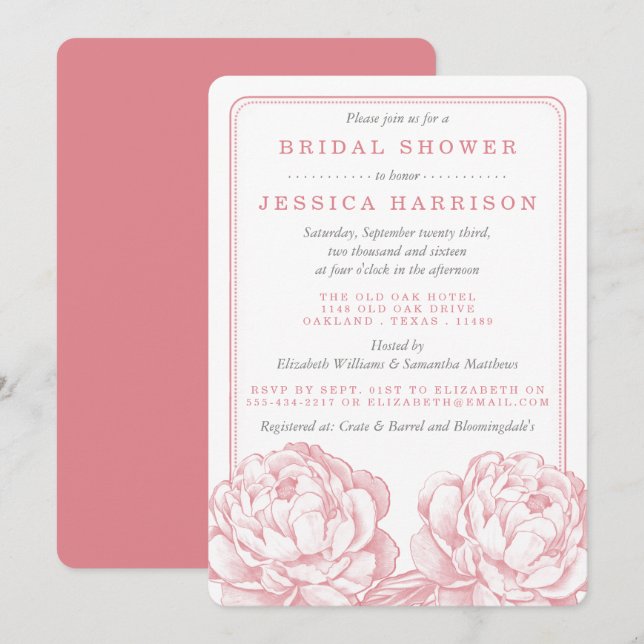 Pink & Grey Pretty Peony Floral Bridal Shower Invitation (Front/Back)