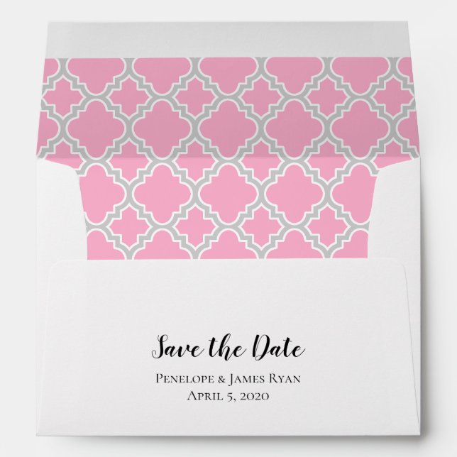 Pink Grey Quatrefoil Save The Date Envelope (Back (Bottom))