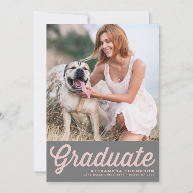 Pink & Grey Retro Bold Typography Photo Graduation Invitation (Front)