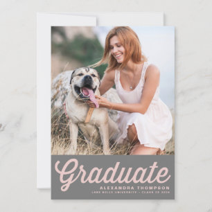 Pink & Grey Retro Bold Typography Photo Graduation Invitation