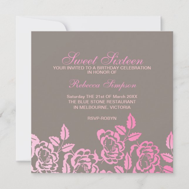 Pink & Grey Rose Petal Sweet 16 Birthday Invite (Front)