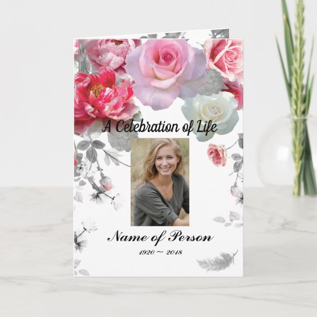 Pink Grey Roses Funeral Program Programme (Front)