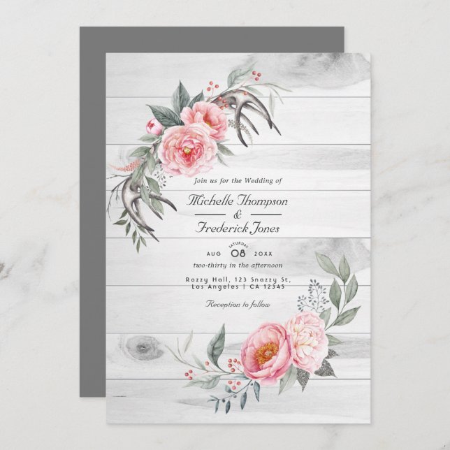 Pink & Grey Rustic Bohemian Floral QR Code Wedding Invitation (Front/Back)
