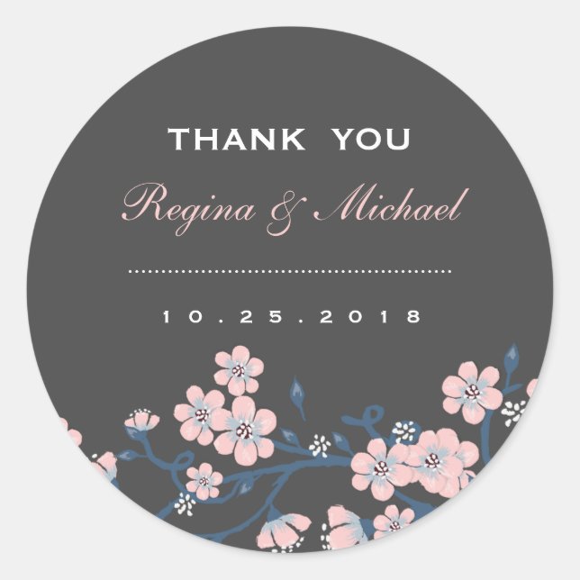 Pink Grey Sakura Flower Wedding Favour Sticker (Front)