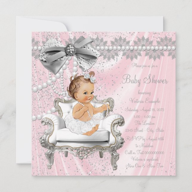 Pink Grey Satin Pearl Chair Baby Shower Invitation (Front)