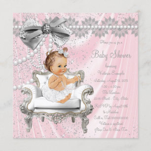 Pink Grey Satin Pearl Chair Baby Shower Invitation