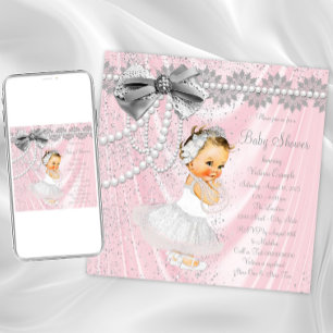 Pink Grey Satin Pearl Little Lady Baby Shower Invitation