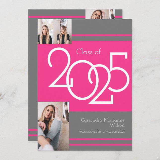 Pink Grey School Colours Graduation Announcement (Front/Back)