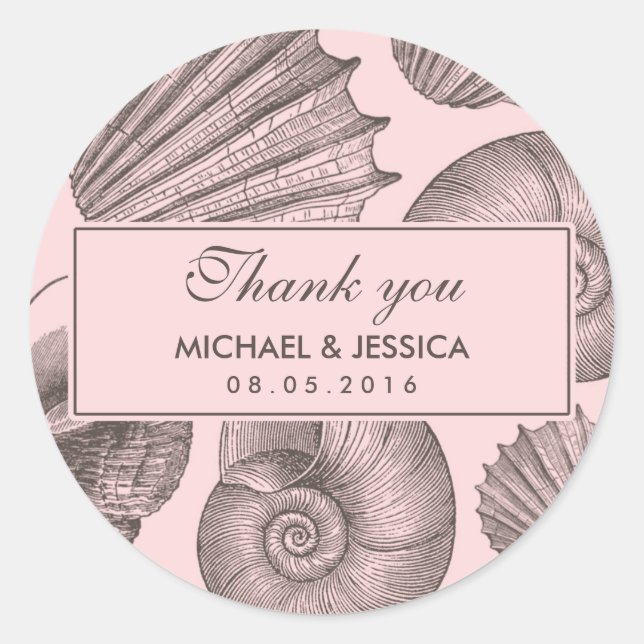 Pink Grey Seashell Wedding Favour Thank You Sticke Classic Round Sticker (Front)
