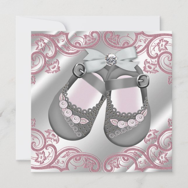 Pink Grey Shoes Swirls Pink Grey Baby Girl Shower Invitation (Front)
