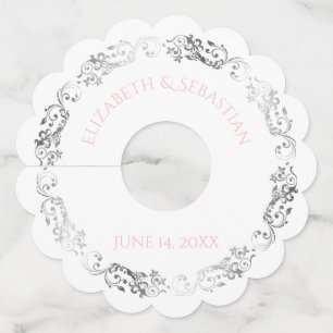 Pink & Grey Silver Vingage Filigree Border Wedding Wine Glass Tag