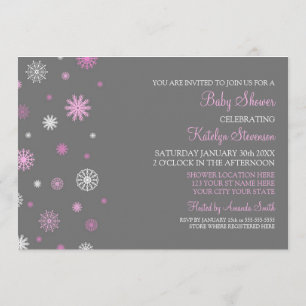 Pink Grey Snow Christmas Custom Baby Shower Invitation
