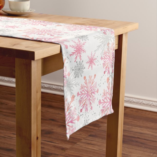 Pink & Grey Snowflake Pattern Winter decor Short Table Runner (In Situ)