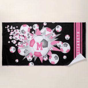 Pink grey soccer ball blowout girls custom name beach towel