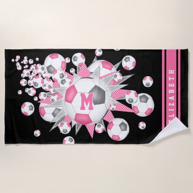 Pink grey soccer ball blowout girls custom name beach towel (Front)