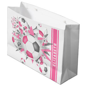 Pink grey soccer ball blowout personalised large gift bag