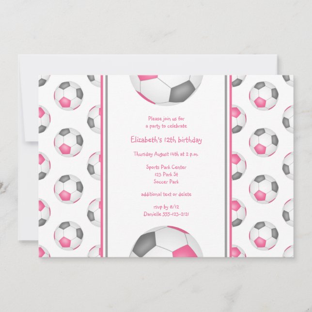 pink grey soccer balls pattern birthday party invitation (Front)