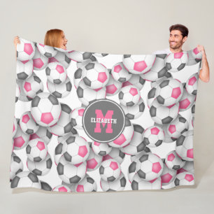 pink grey soccer balls pattern monogrammed fleece blanket