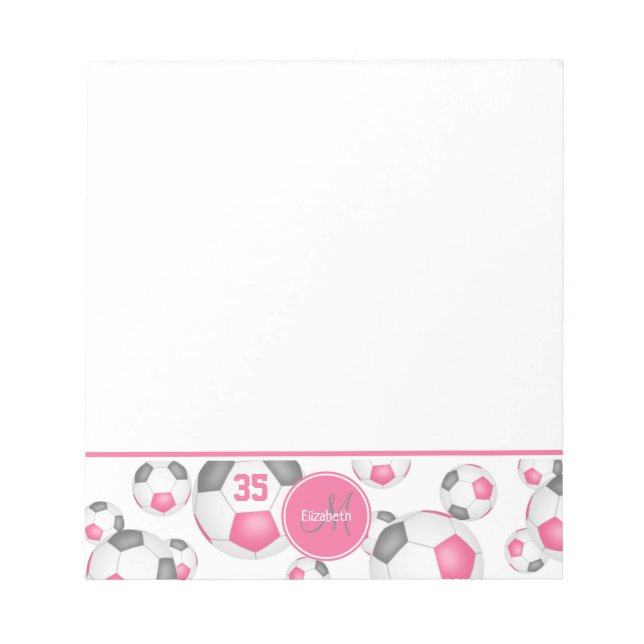 pink grey soccer balls sports accent monogrammed notepad (Front)