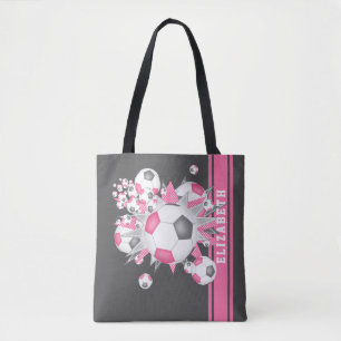 Pink grey soccer balls stars girls name  tote bag