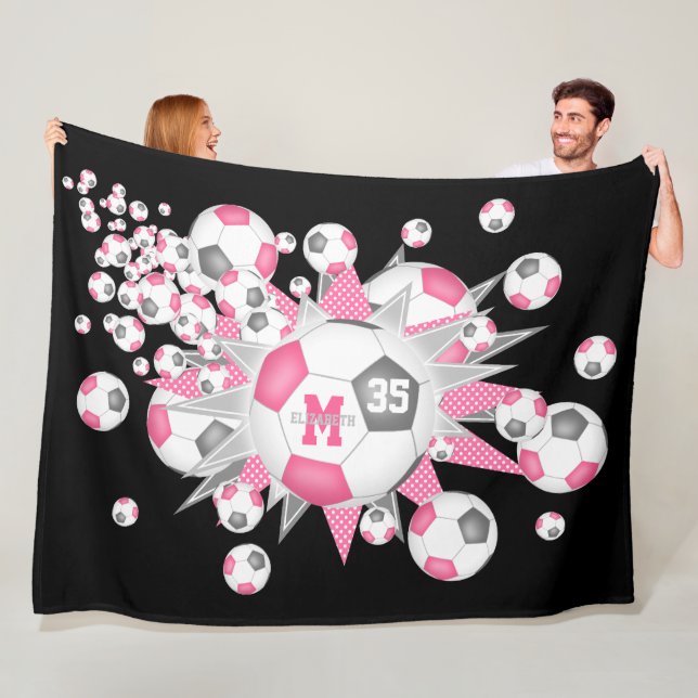 pink grey soccer balls stars girls sports room fleece blanket (In Situ)