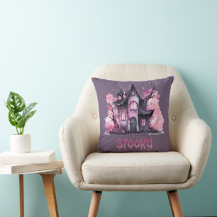 Pink & Grey Spooky Haunted House Purple Halloween Cushion