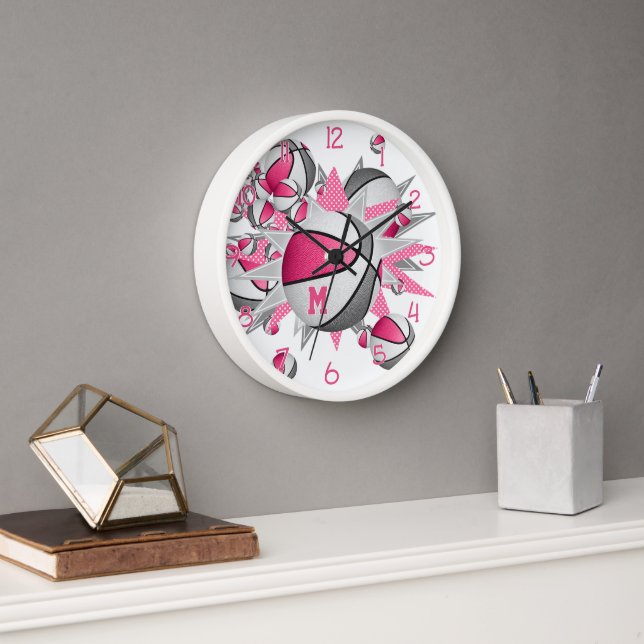 pink grey sports room decor basketballs stars clock (Office)