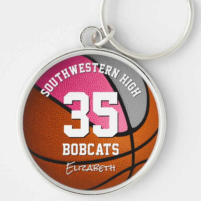 pink grey sports team name girls basketball key ring (Front)