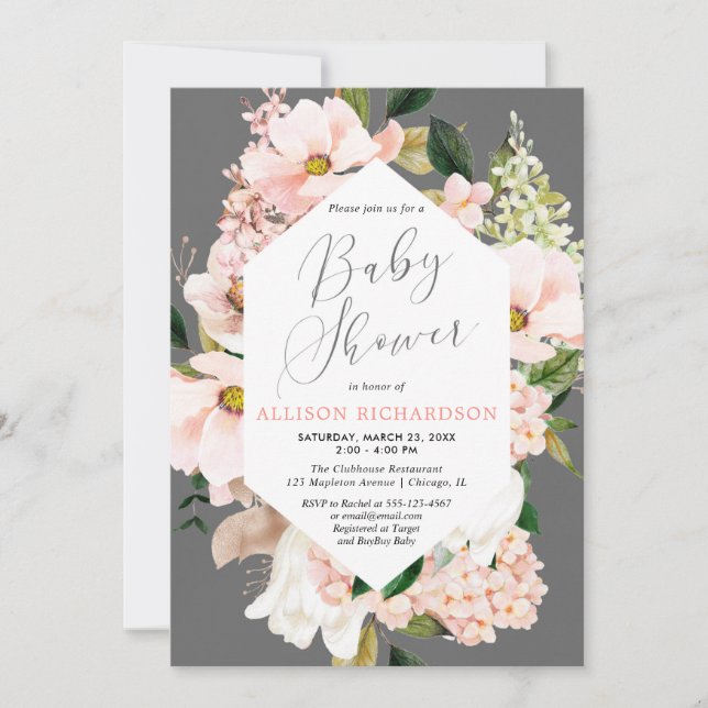 Pink grey spring floral watercolor baby shower invitation (Front)