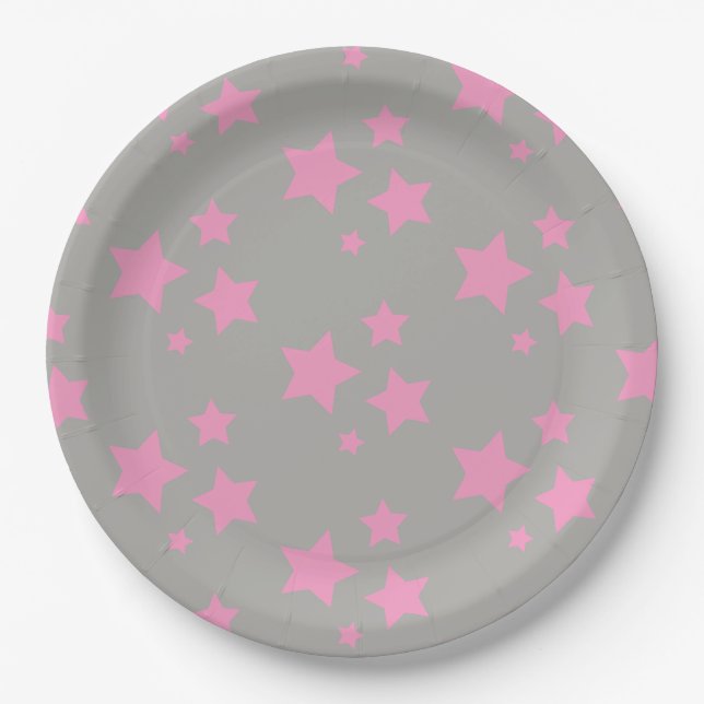 Pink Grey Stars Kids Baby Circus Party Paper Plate (Front)