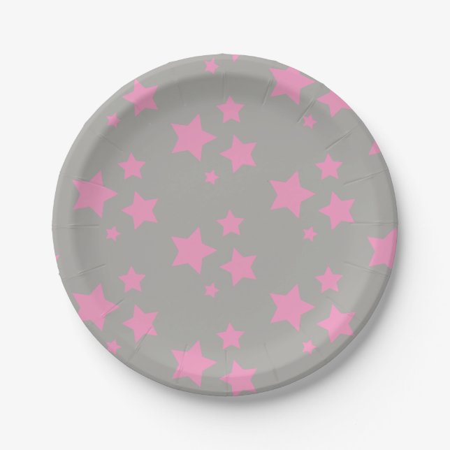 Pink Grey Stars Kids Baby Circus Party Paper Plate (Front)
