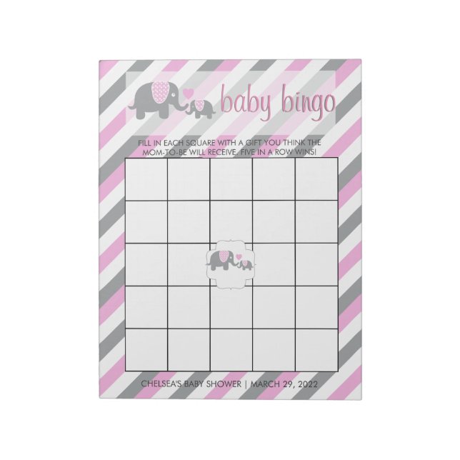 Pink & Grey Stripes Baby Elephant | Bingo Notepad (Rotated)