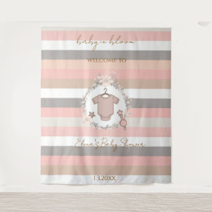 Pink Grey Stripes Baby in Bloom Backdrop Tapestry