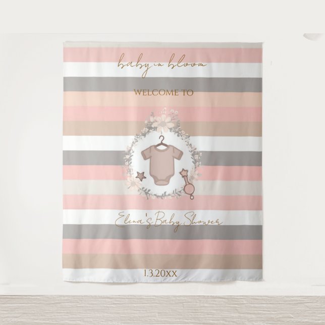 Pink Grey Stripes Baby in Bloom Backdrop Tapestry (Front)