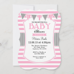 Pink Grey Stripes Baby Shower Invitation